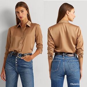 REVOLVE LAUREN RALPH LAUREN SATIN CHARMEUSE SHIRT in LIGHT BROWN